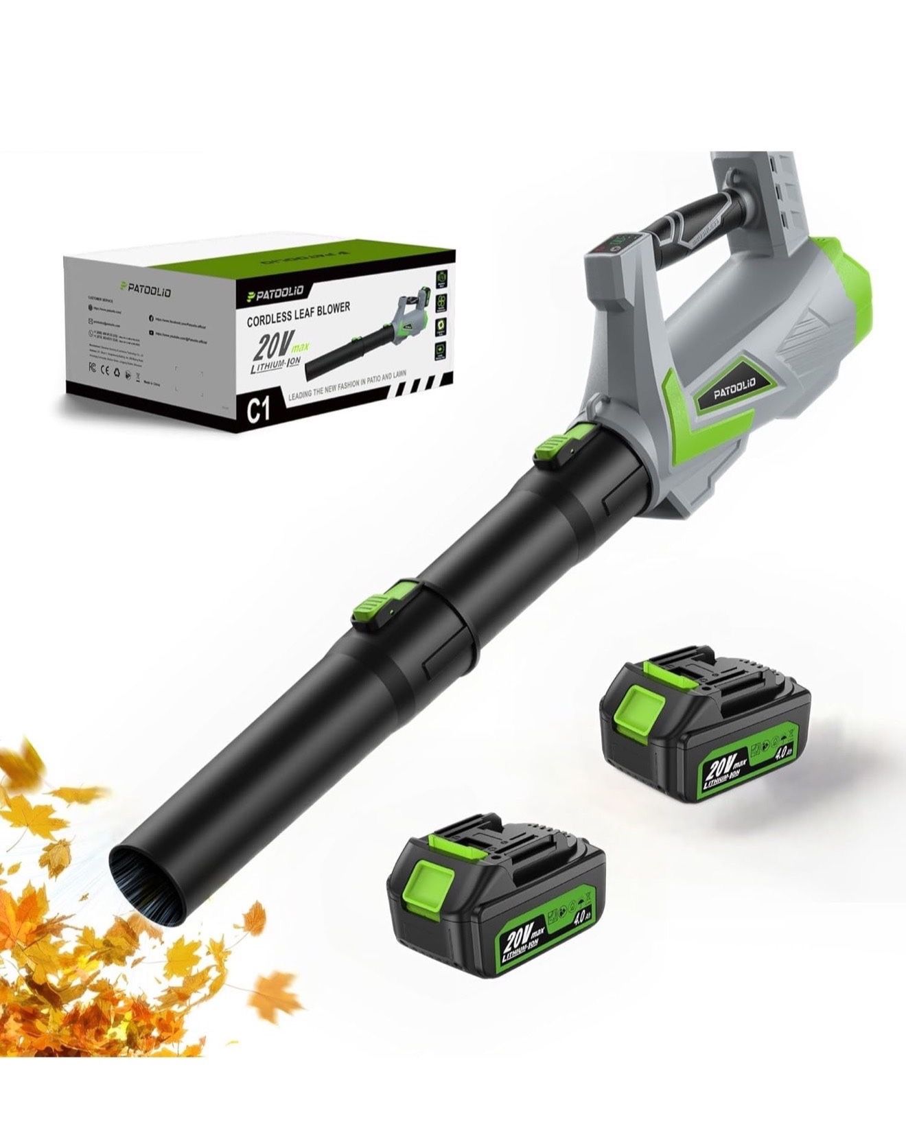 Leaf Blower Cordless 630CFM with 2×4000mAh Batteries and Charger, PATOOLIO 5 Speed Mode Cordless Blower Handheld for Patio, Lawn Care, Snow Blowing Ya