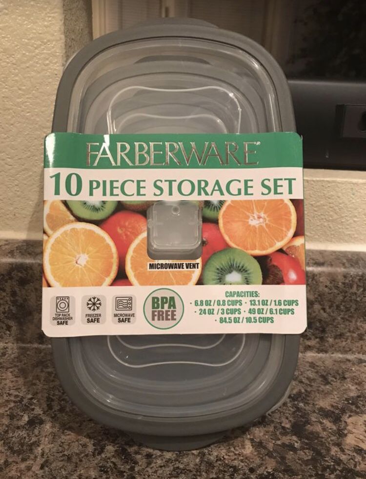 10 Pc Farberware Food Storage Set, Rectangle Containers with Lids, NEW