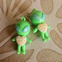 Handmade Little Green Men Rubber Alien Earrings Blue Glitter Iridescent Hearts