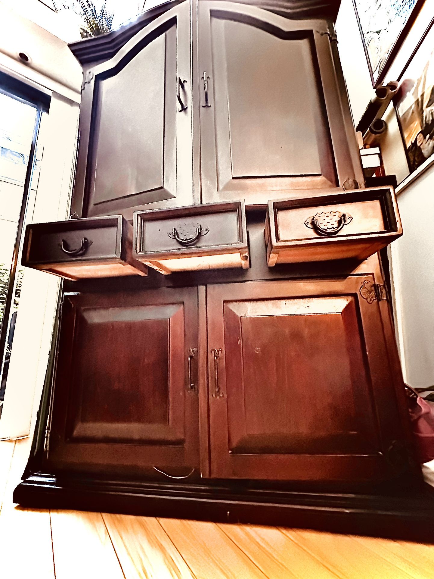 Artisanal Wrought Iron & Solid Wood Southwestern Armoire / Statement Cabinet