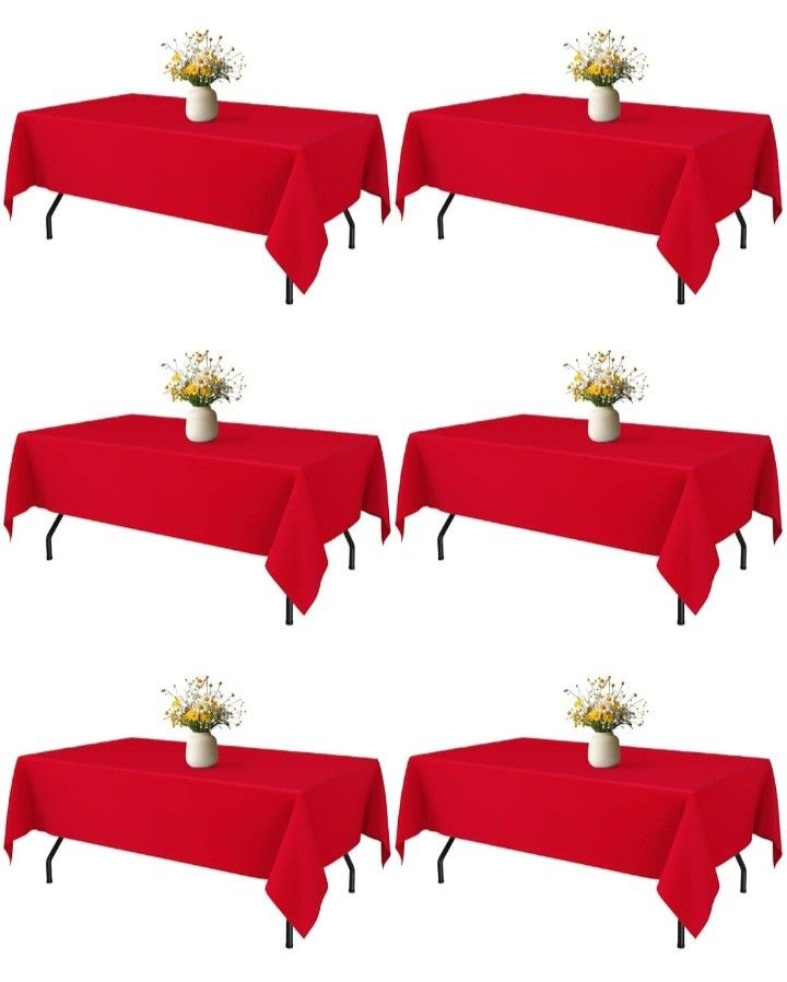 Red Fabric Rectangle Table Cloth - 6 Pack, 60" × 84" Washable Tablecloth for 5FT Tables, Wrinkle-Resistant & Heat-Proof Table Cover for Weddings, Dinn