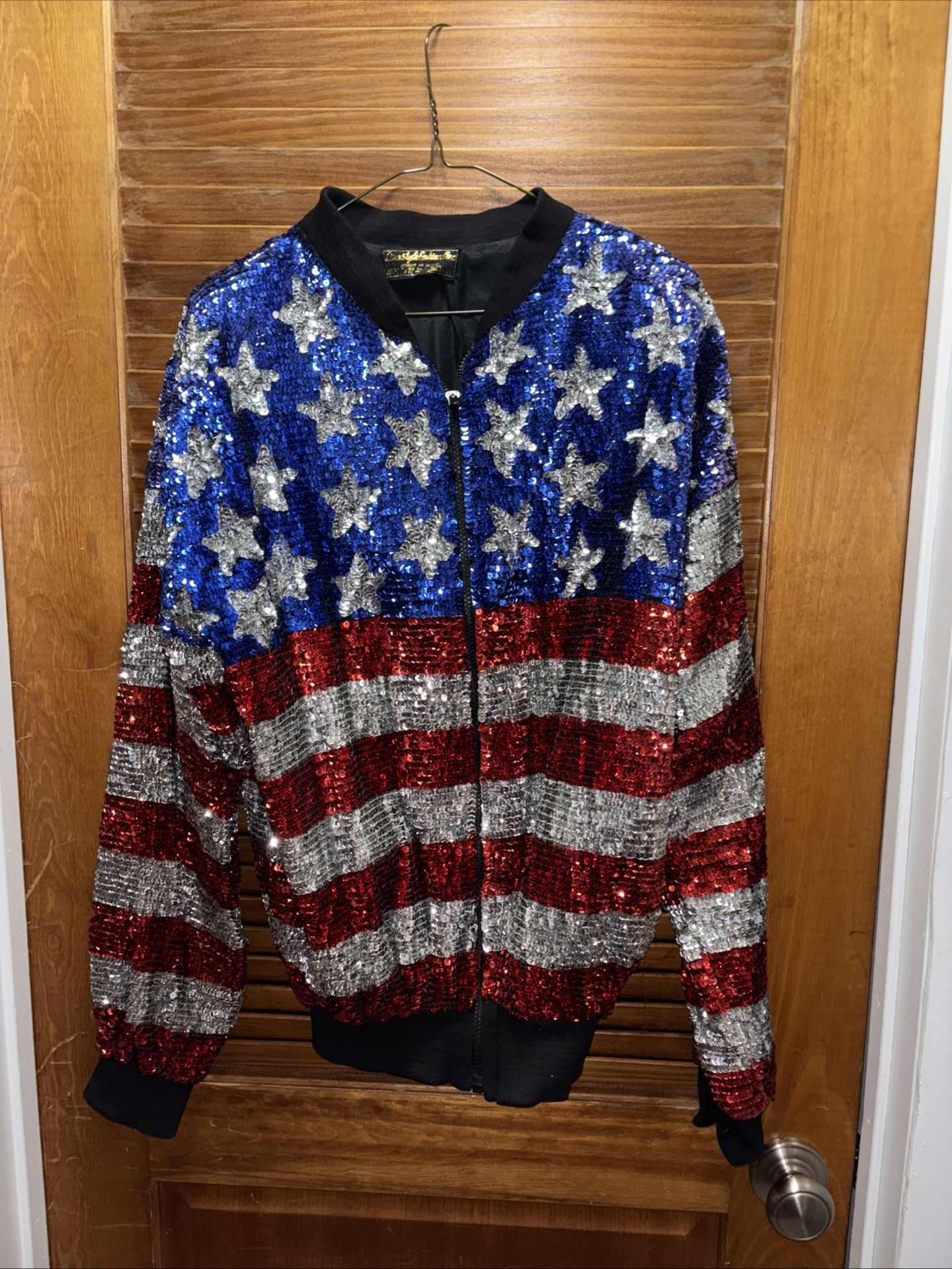 Vintage Silk Sequined American Flag Patriotic Red White Blue Bomber Jacket -2XL.