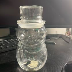 VTG Libbey Clear Glass Christmas Holiday Snowman Candy Jar With Lid 7.5" Mexico