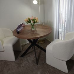 NORDICANA 3 Pieces Breakfast Table Set for 2, 37 Inch Round Dining Table and Chairs Set, Off White Upholstered Dining Chairs with Circle Kitchen Table