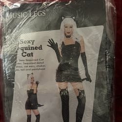 Sexy M/L Sequined Cat Custom 6 PC  Mini Dress. Cat Ears. Choker. Gloves.  Tail N panty Hose