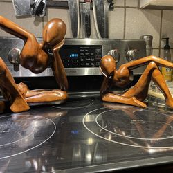 Set of 2 Abstract Sitting Man  Hand Carved Modern Sculptures Decorator Accent Wooden Modern Art Work Sculpture Handmade 12 in H and 8 in H Not broken 