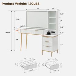 Fluted Makeup Vanity Desk with 36" HD Lighted Mirror, 48" Big Modern Vanity Desk with Mirror and Lights, Dressing Table with 5 Drawers & Shelves, Glas