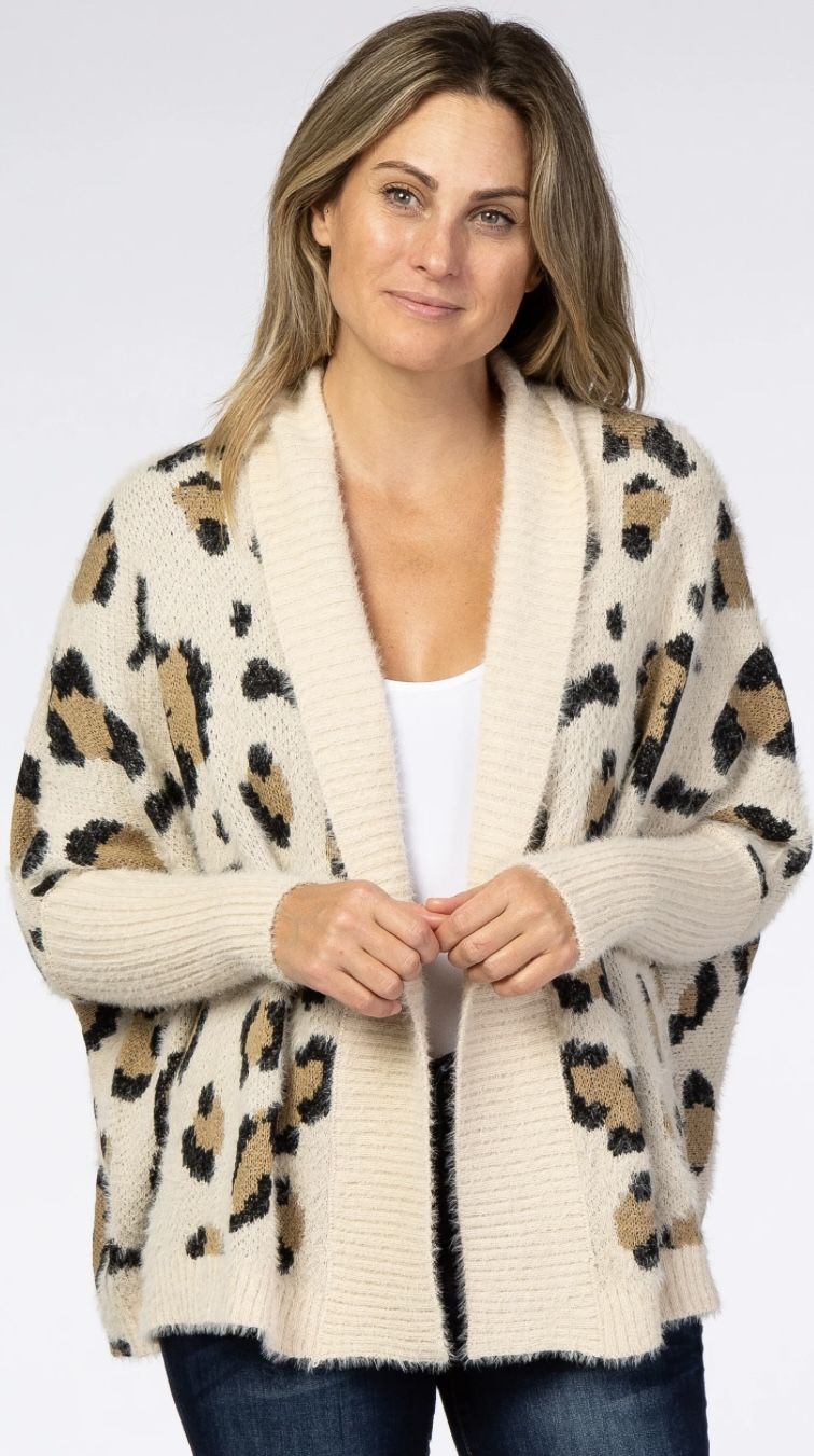 Shein Cream Animal Print Eyelash Knit Drape Cardigan 1xl Like New Smoke Free