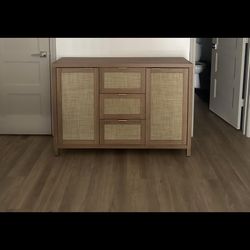 NIB: Rattan Sideboard Buffet Cabinet with Storage - 52" Larger Farmhouse Credenza Storage Coffee Bar Cabinet with 3 Drawers & 2 Doors, Boho Console Ta