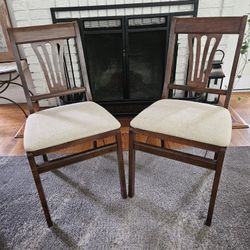 Pair Of Vintage Solid Wood Stakmore Folding Upholstered Seat Chairs