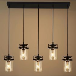 Pendant Lighting for Kitchen Island, Dining Room Light Fixture Black, 5-Light Hanging Linear Chandeliers with Clear Glass Shade Farmhouse Chandeliers 