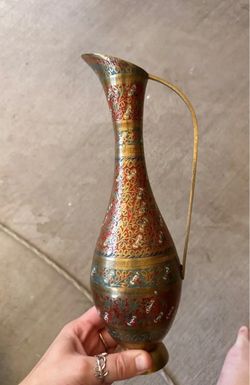 Vintage Indian Enameled Brass Bud Vase with Floral Etched Detail