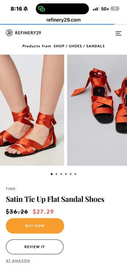 “find” red satin tie up flat sandals.