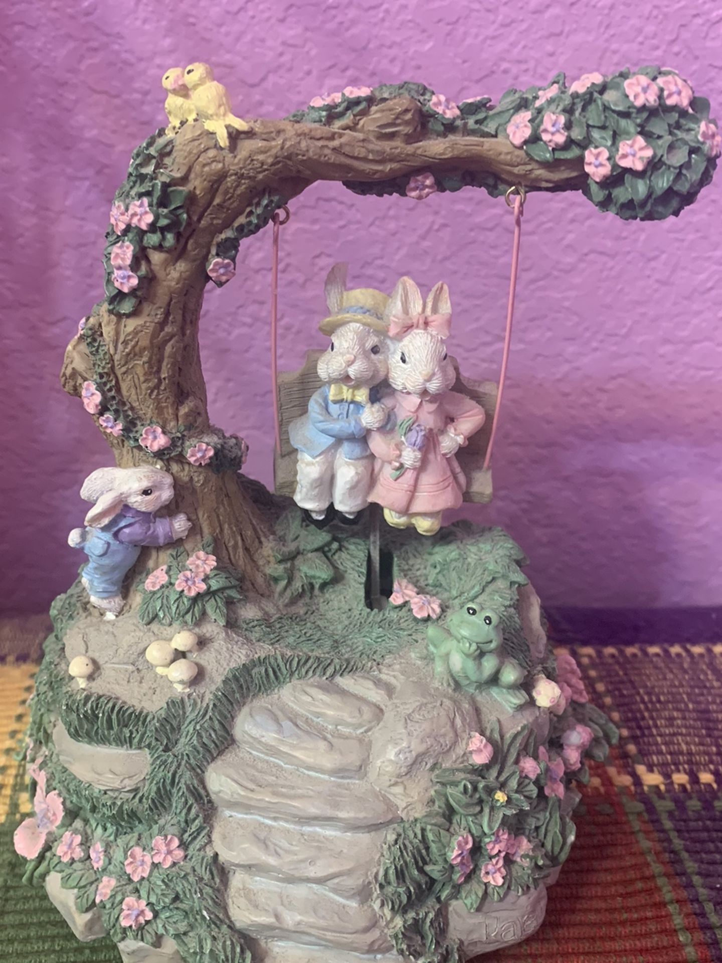 Rich Art Easter Bunny Rabbit Couple Music Box With Swing Motion