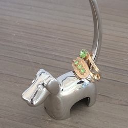 Vtg Silver Tone Metal Dog Shaped Ring Holder with Rhinestone Eyes & a High Tail.