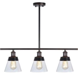 Rustic Glass Kitchen Island Lighting, Clear Seeded Glass Linear Chandelier, 3 Lights