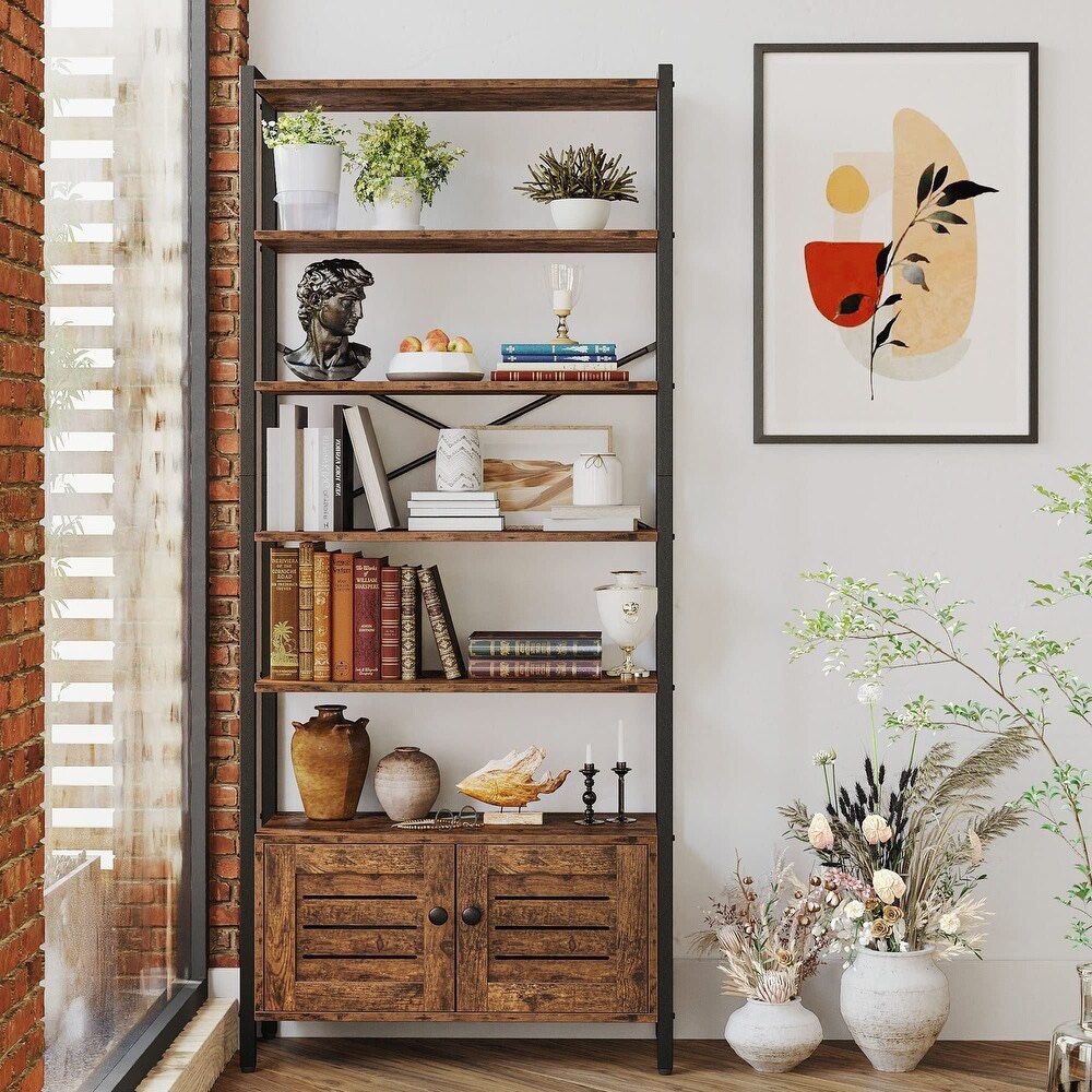 New Bookshelf and Bookcase with 2 Louvered Doors and 5 Shelves, Standing Storage Cabinet for Living Room  New in box WS-06  Feature 6 tier Height adju