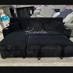 Stylish 2-pc Sectional Sofa With Pull- Out Bed & Storage Black Corduroy Fabric 