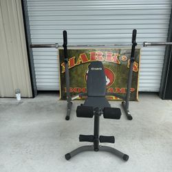Body Champ Olympic Weight Bench, rack & 45Lb Olympic 7ft barbell $180
