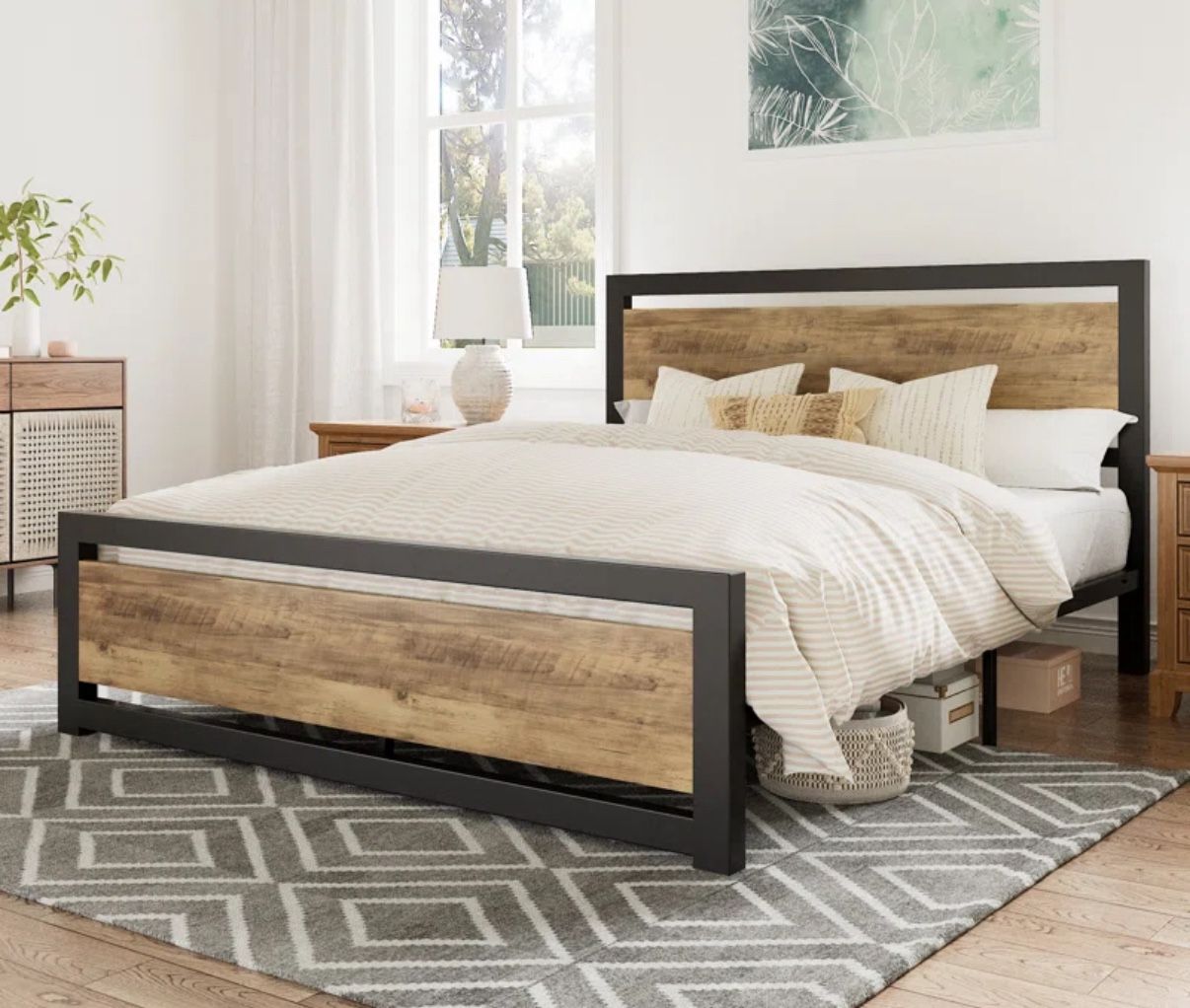 Wood and Black Metal Frame Bed with Headboard