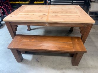 5ft hardwood table & bench (60” x 39” x 32”)