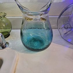 Pier 1 Hand Blown Crackle Art Glass Vase Owl Clear & Teal Turquoise