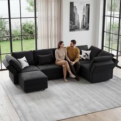 92" 6 Seats L Shaped Modular Sectional Couch with Storage, Black FSC-certified hardwood frame, Pet-friendly velvet upholstery, Adjustable backrests an