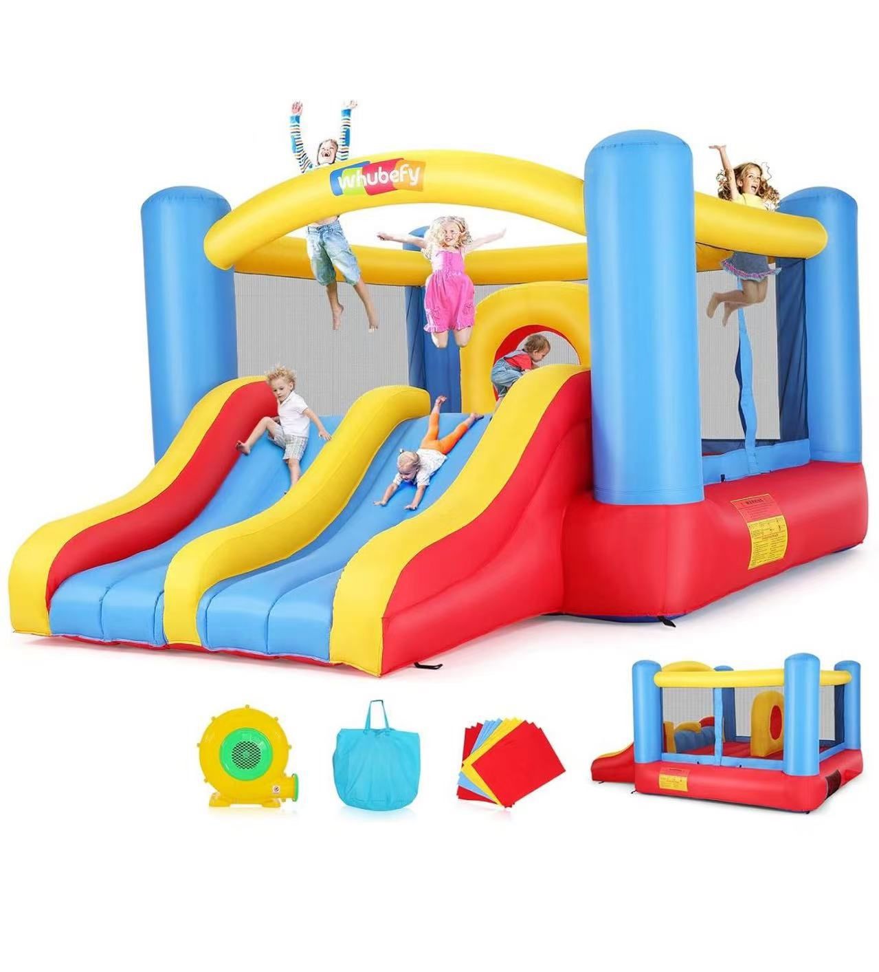 highlights 【MULTIPLE PLAY AREAS FOR EXTRA FUN】Whubefy inflatable bounce house for big kids features a large jumping area, a double slide for sliding c
