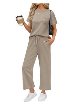 2 piece set women short sleeve tops wide leg pants lounge sets