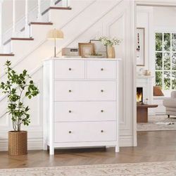 HOUSUIT White Dresser With 5 Drawers, Tall Chest Of Drawers, 5 Drawer Dresser With Deep Space, Wood Storage Cabinet Living Room, Hallway, Office, Whit