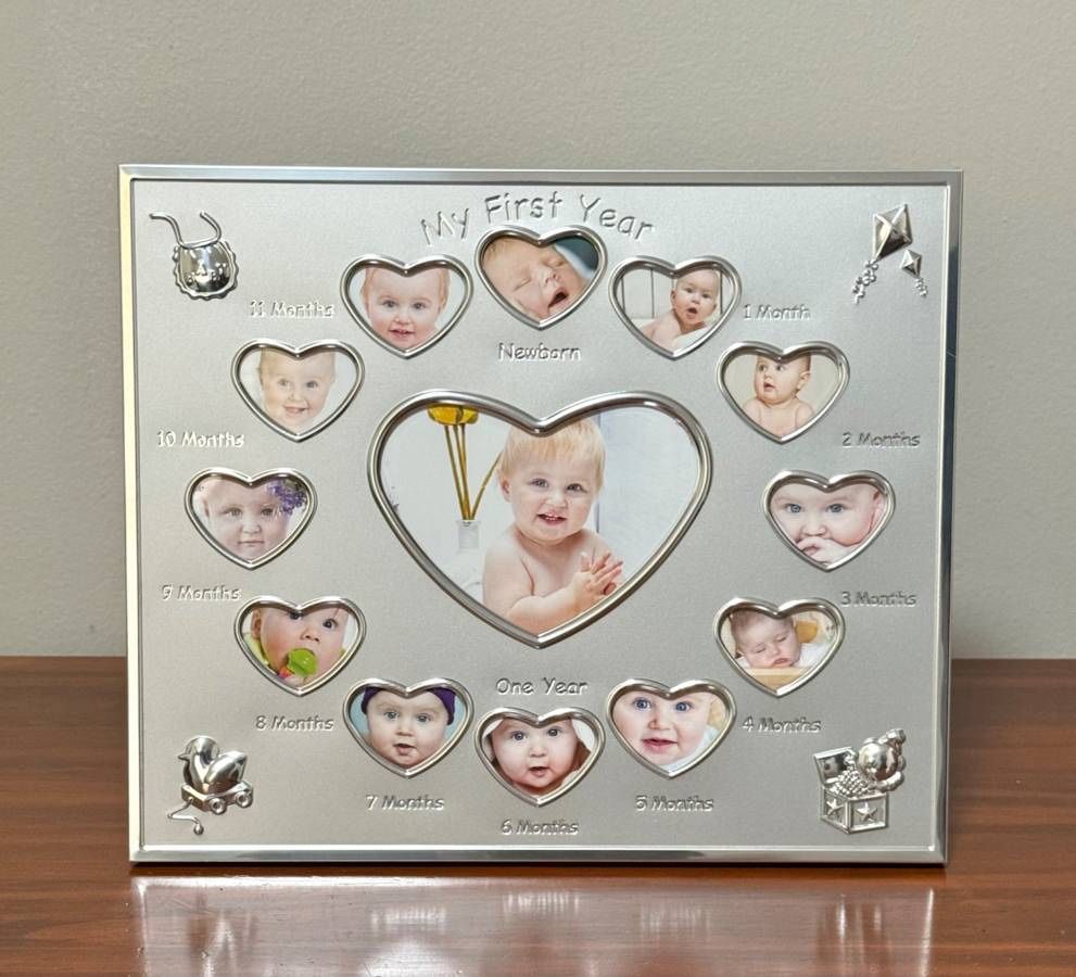 Concepts In Time My First Year 10 x 12 Metal Silver Baby Photo Frame With 13 Heart Openings Gift Decor