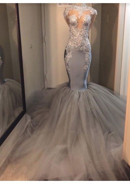 Silver Long Sleeve Mermaid/Trumpet Lace and Tulle Ball Gown