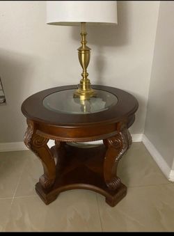 Round Wood End Table with Glass Top