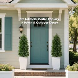 3FT Artificial Cedar Topiary Trees (2 Pack) - UV Resistant Fake Evergreen Shrubs with Extra Dense Foliage, Realistic Potted Faux Plants for Front Porc