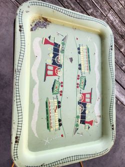 Vintage mid century Crestine TV Tray with train motif