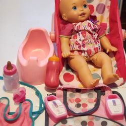 All About BABIES  & Their Equipment. 3 DOLLS ,  Stroller, High Chair PLAYPEN,  PoTTY,   DIAPER BAGS,  Bottles