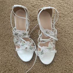 White butterfly lace up heels