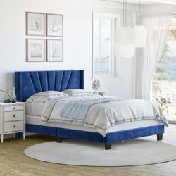 Queen Upholstered Velour Platform Bed