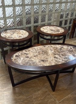Oval Coffee Table + 2 End Tables - Marble & Wood