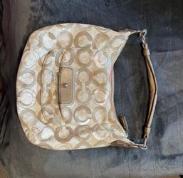 Coach Kristin Signature Hobo White Silver and Tan Sequins Handbag