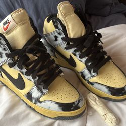 yellow and black tie dye Nike high tops 
