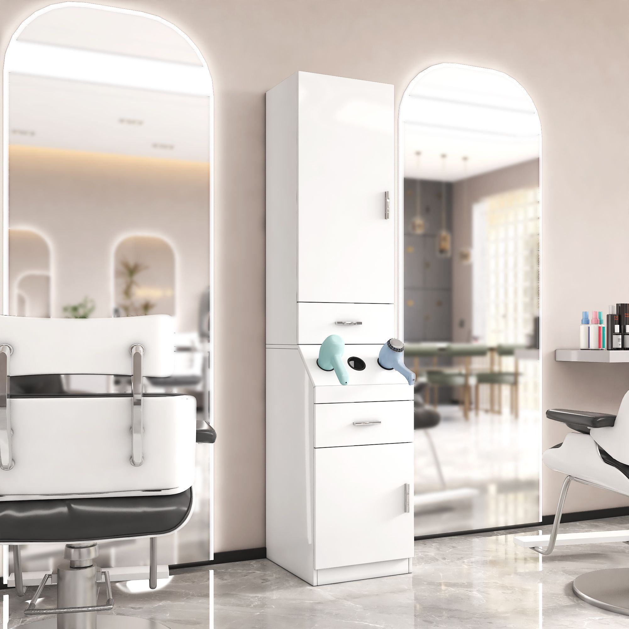 Salon Station, Barber Stations with 2-Tier Storage Shelf with Door, Hair Styling Storage Cabinet with 2 Drawer, a Large Storage Cabinet & 3 Hot Tool H