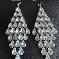 Rhinestone Statement Chandelier Earrings with Multiple Tiers of Teardrop shaped Rhinestones 1980s
