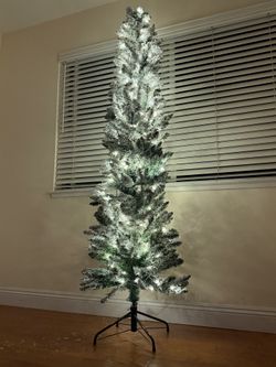 Brand New 7FT Pre-Lighted Snow Flocked Faux Hinged Ultra-Thin Pencil Christmas Tree with Warm White Light, Full Branch Tips, Perfect Choice SKU530