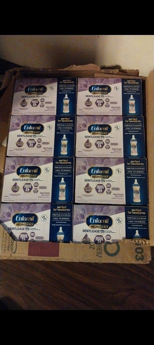 ENFAMIL NEURO PRO GENTLEASE READY TO FEED THERES 8 BOXES WITH
  6 PACKS 2 OUNCE BOTTLES INSIDE  EACH BOX  A TOTAL OF 48 BOTTLES  ALL FOR 120 CASH OR B