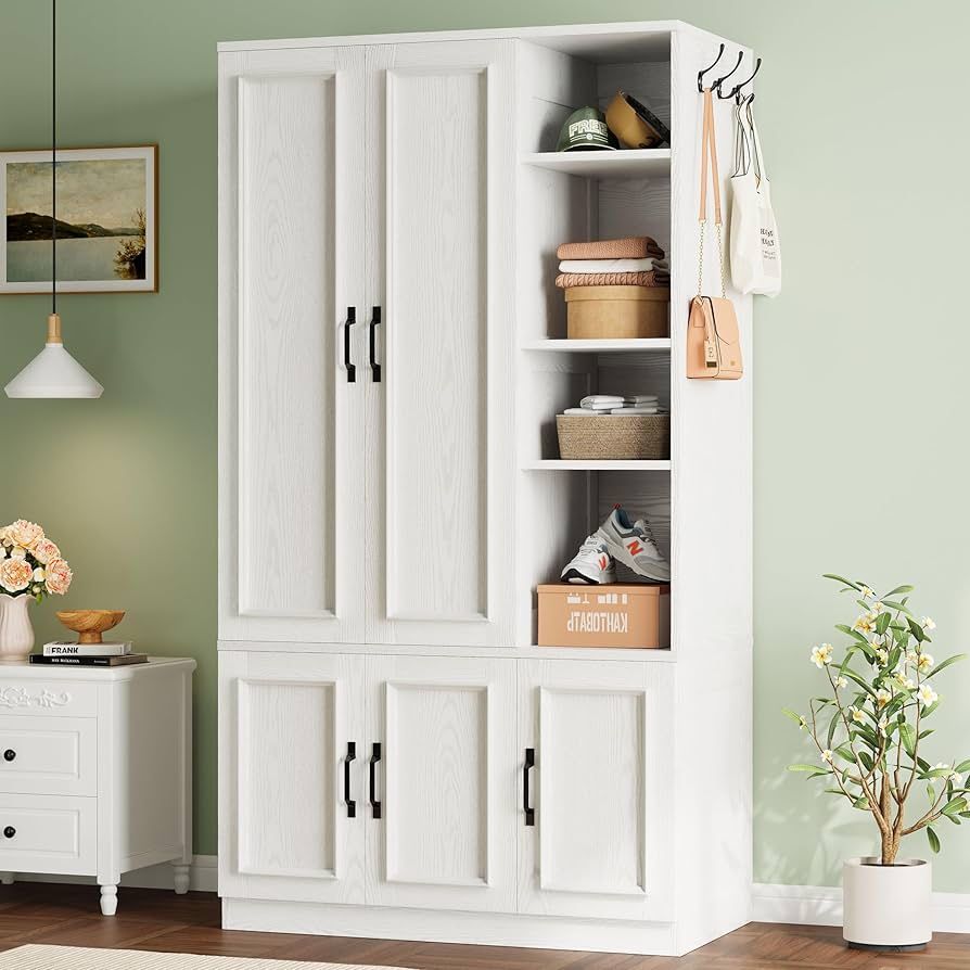 70" H, 5 Doors Bedroom Wooden Wardrobe with 4 Storage Shelves and Hanging Rod