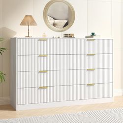 White Fluted Dresser Bedroom with 8 Drawer,55” Wide White Double Drawer Dresser Modern Chest of