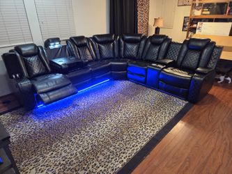 Brand New Sectional Black Faux Leather 2 Power Recliners W/ Trade Wireless Charger, Reading Light $1599
