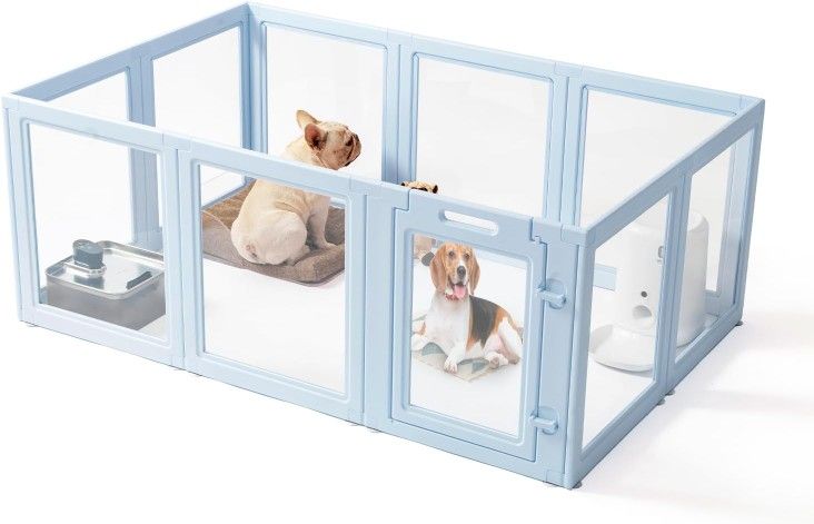 DIY Clear Acrylic Dog Playpen House,Quick Easy Assembly and Disassembly,Strong Floor Suction,Indoor and Outdoor Use,Easy Cleansing Puppy Fence(Sky Blu