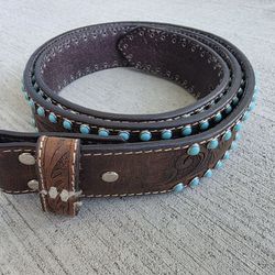 Vintage Nocona Western Leather Belt with Turquoise Studs – Size L (44”)